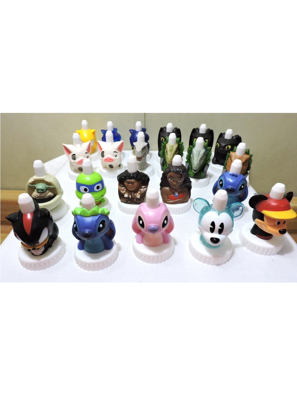 Good 2 Grow Juice Toppers Lot 22 Mickey, Pig, Dino, Sonic, Ninja Turtle, etc